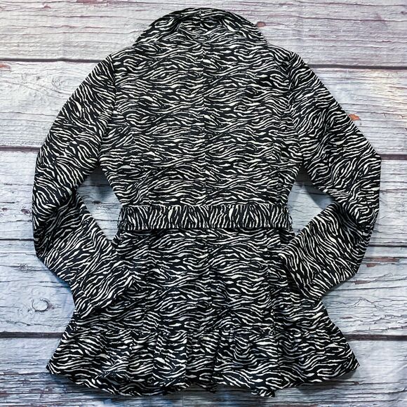 Sandro Womens Jacket size Medium Black Cream Animal Print Tie Waist Lined Ruffle - Picture 6 of 9